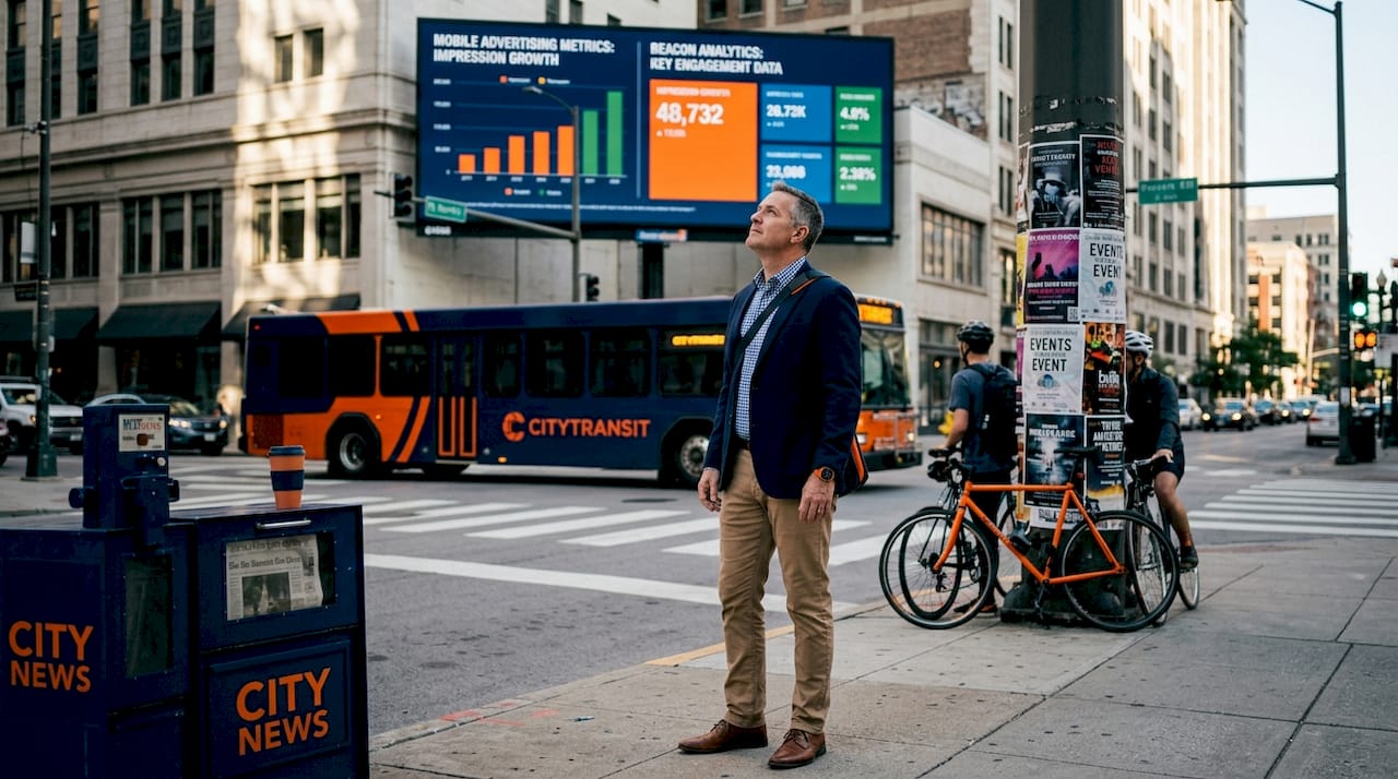Professional observing digital billboard in busy city street