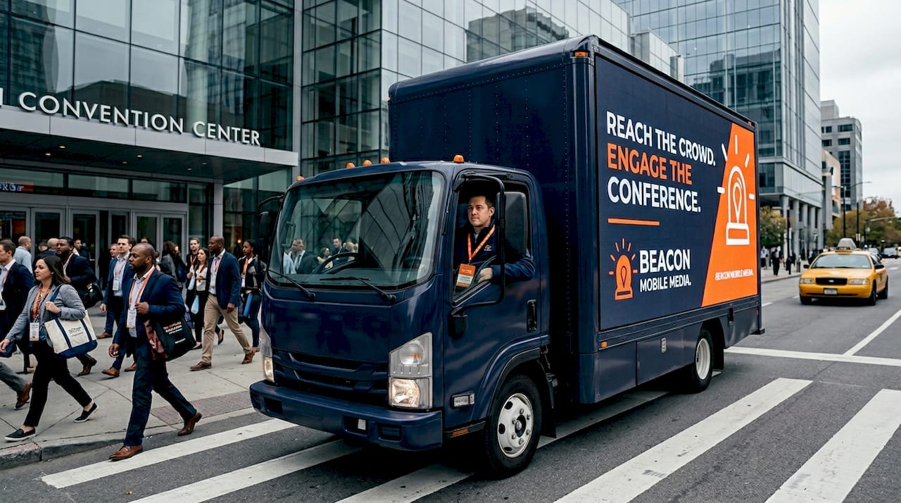 LED mobile billboard outside busy convention center