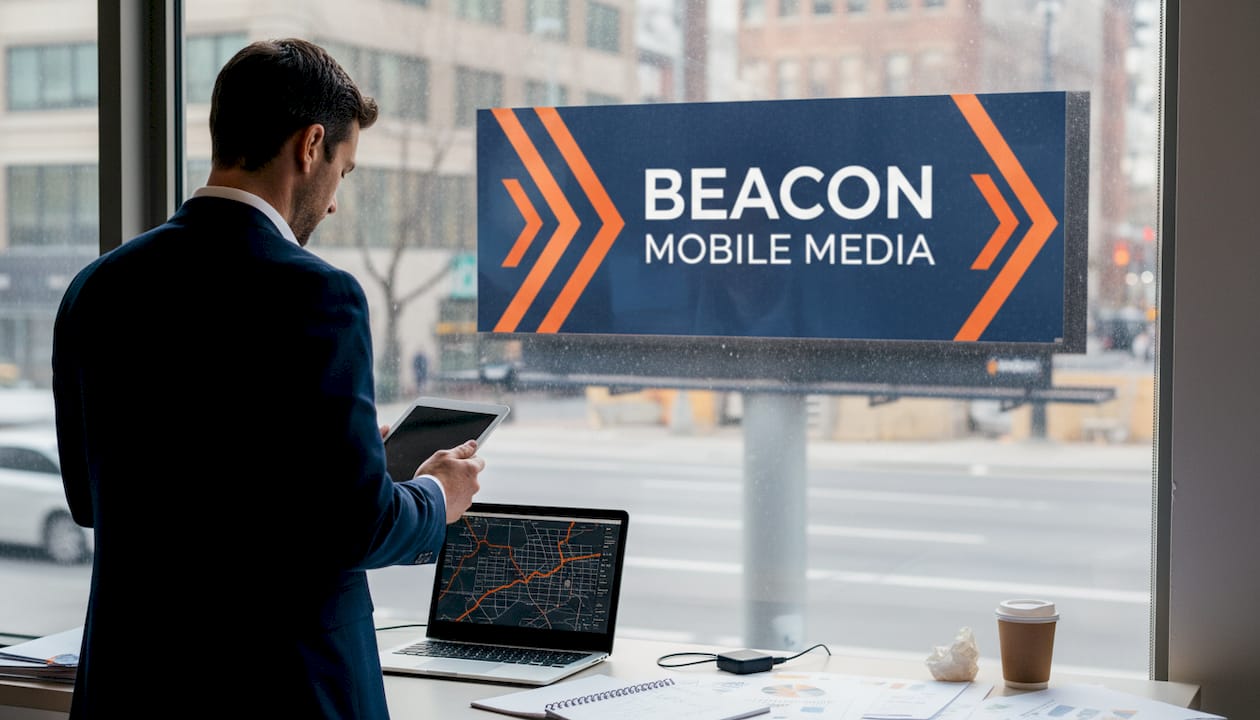 Marketing analyst reviewing OOH campaign data in city office