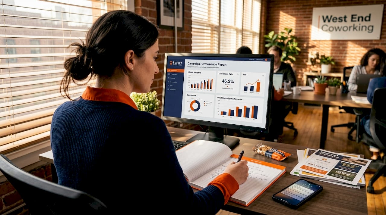 Marketer reviewing location-based ad results at desk