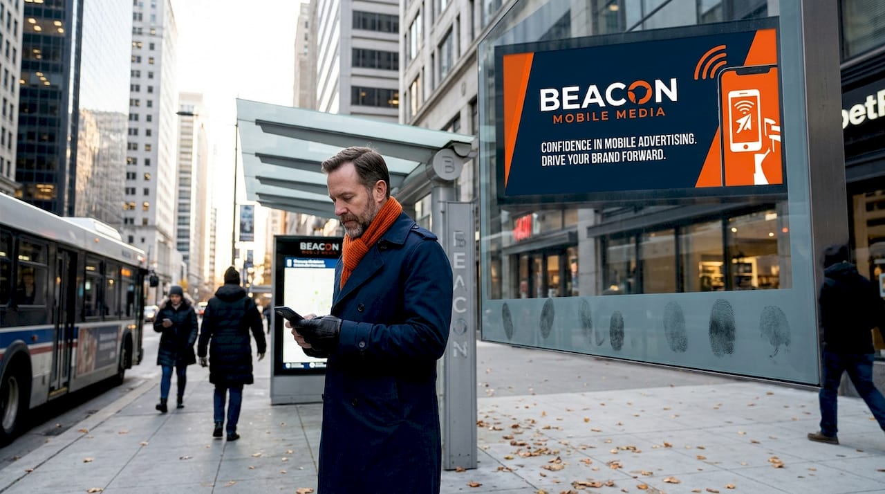 Commuter at bus stop with digital billboard ad