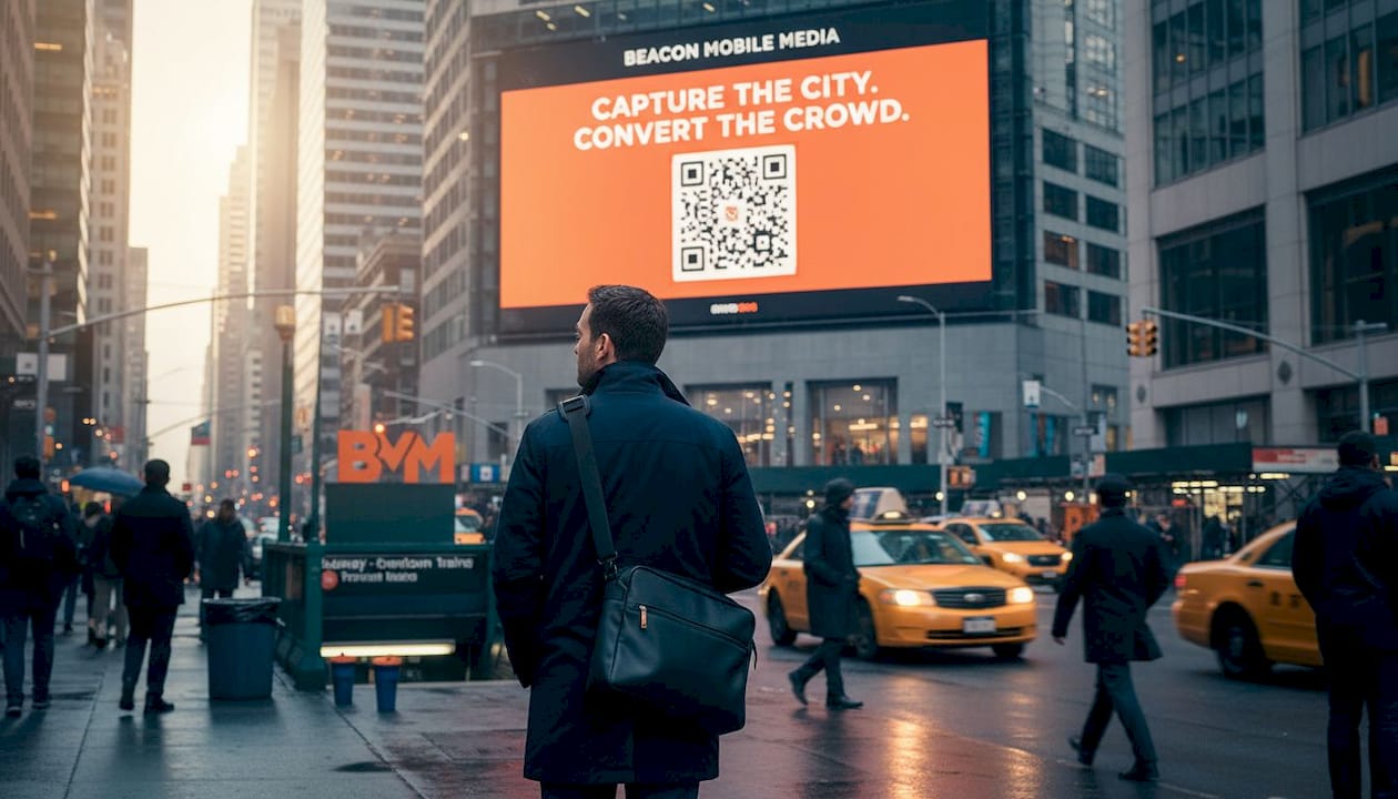 Urban city scene with digital billboard