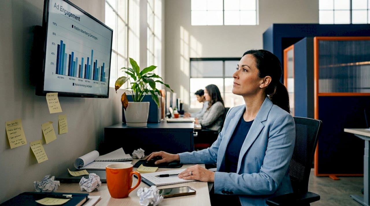 Strategist reviewing mobile ad engagement metrics