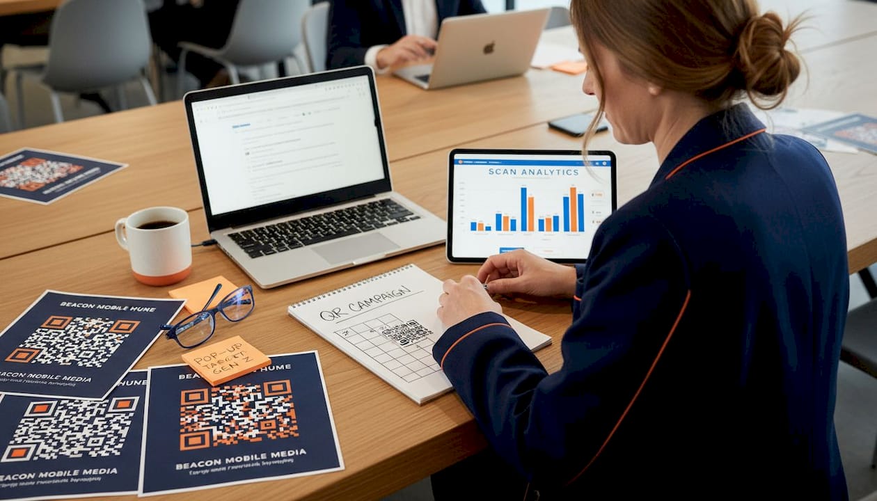 Marketing manager plans QR code campaign at desk
