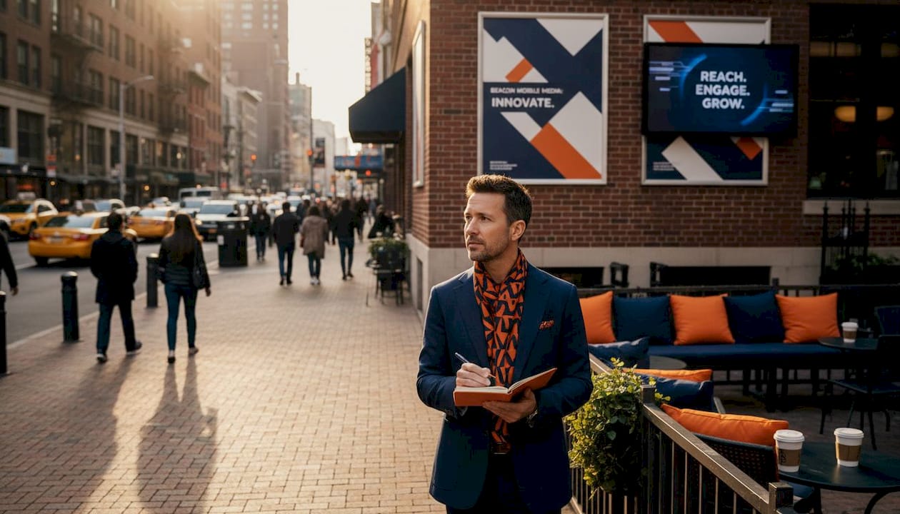Marketer observing busy city billboards
