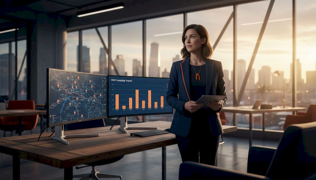 Marketing analyst with OOH data screens in office