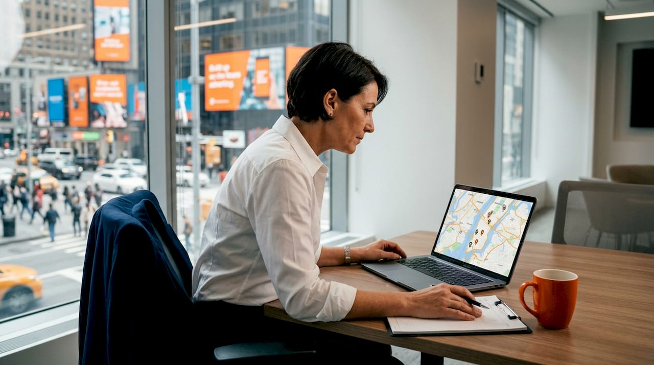 Manager analyzing geolocation for city billboards