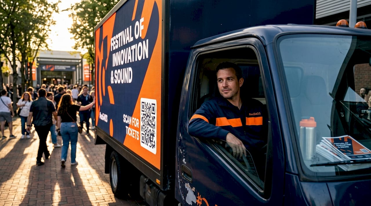 Mobile billboard parked outside event venue