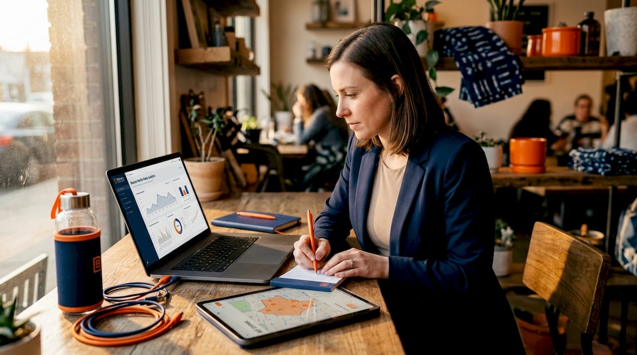 Marketer analyzing ad targeting data at laptop