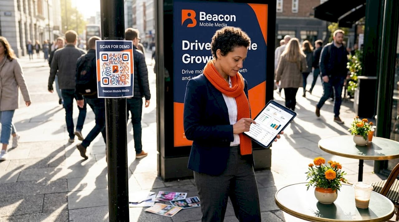 Manager monitoring leads at outdoor transit ad