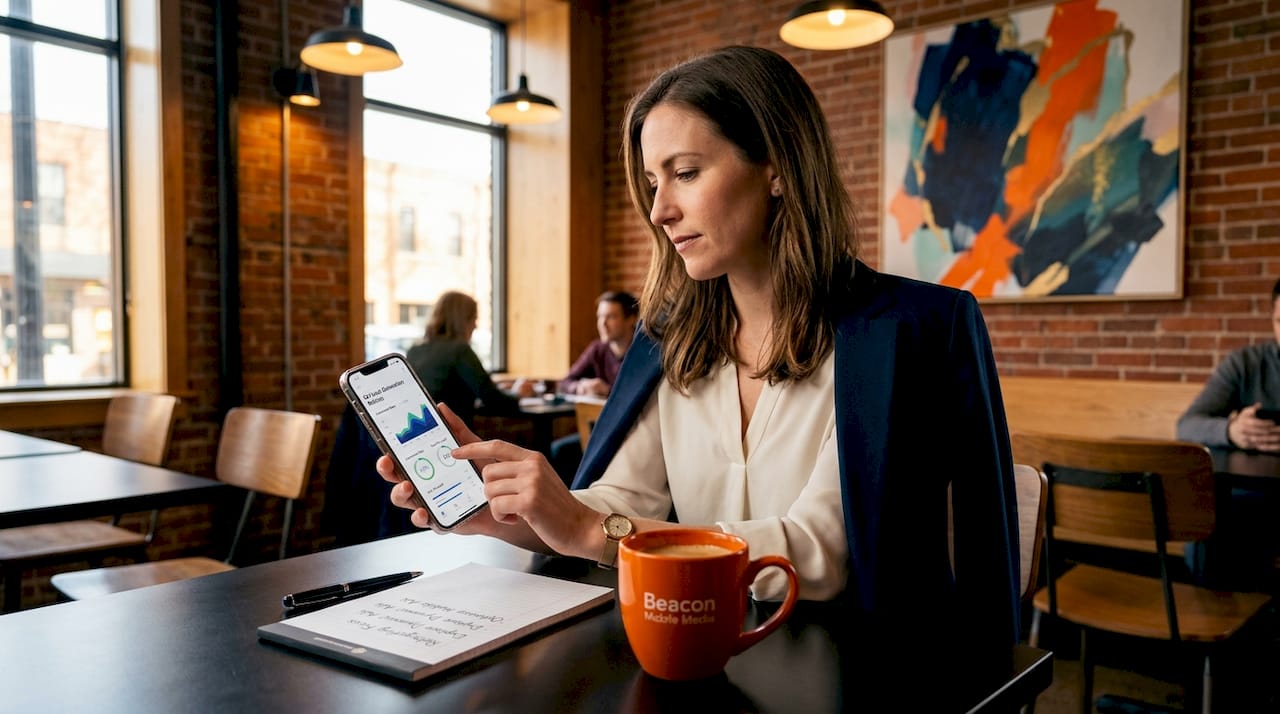 Marketer reviews mobile lead stats on phone