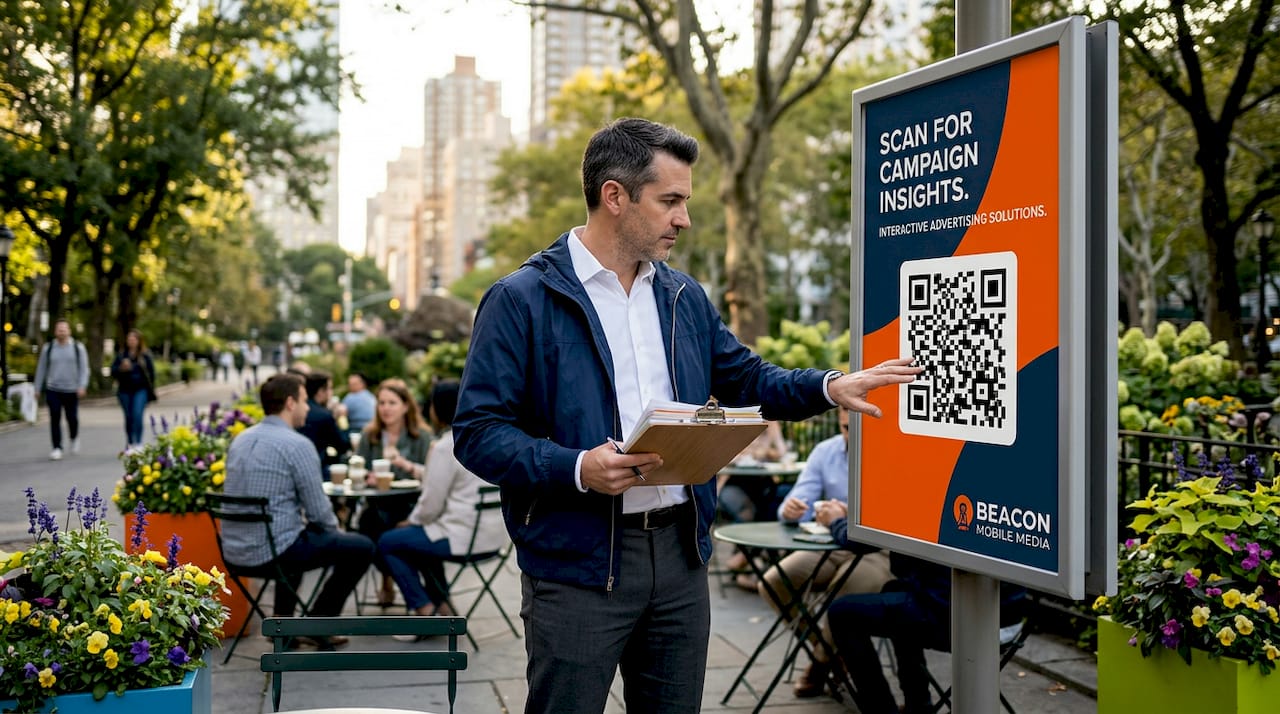 Manager reviewing QR code on outdoor signage