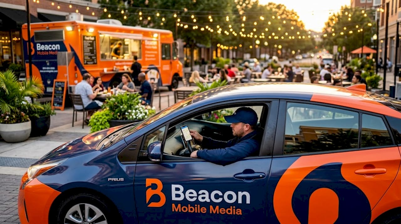 Branded rideshare vehicle on busy downtown street