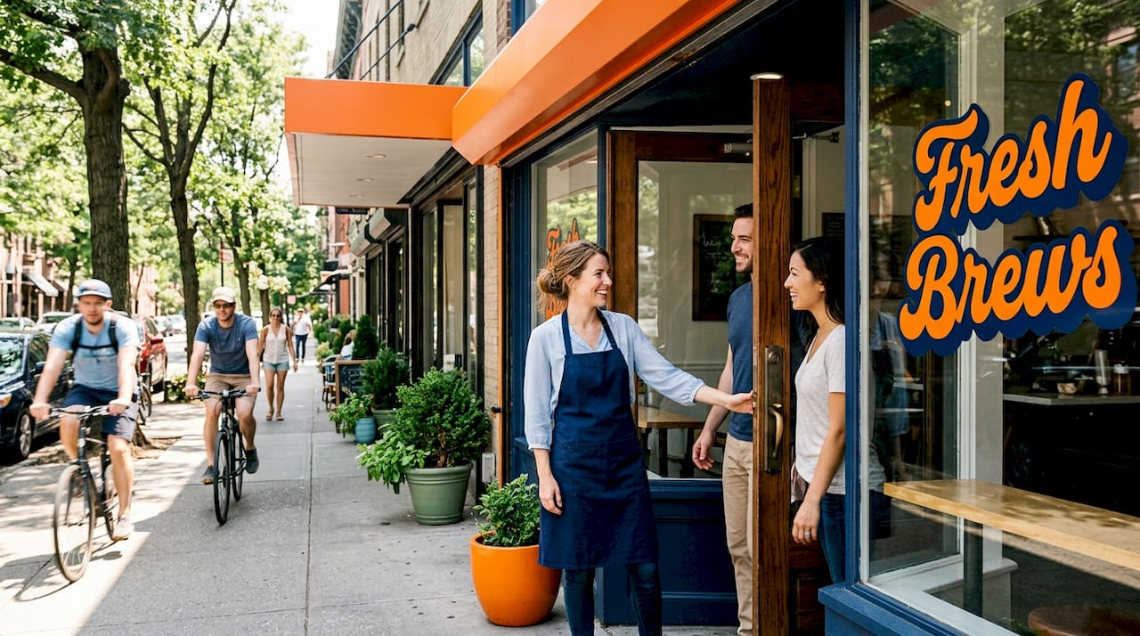 Bakery owner greets customers at city storefront
