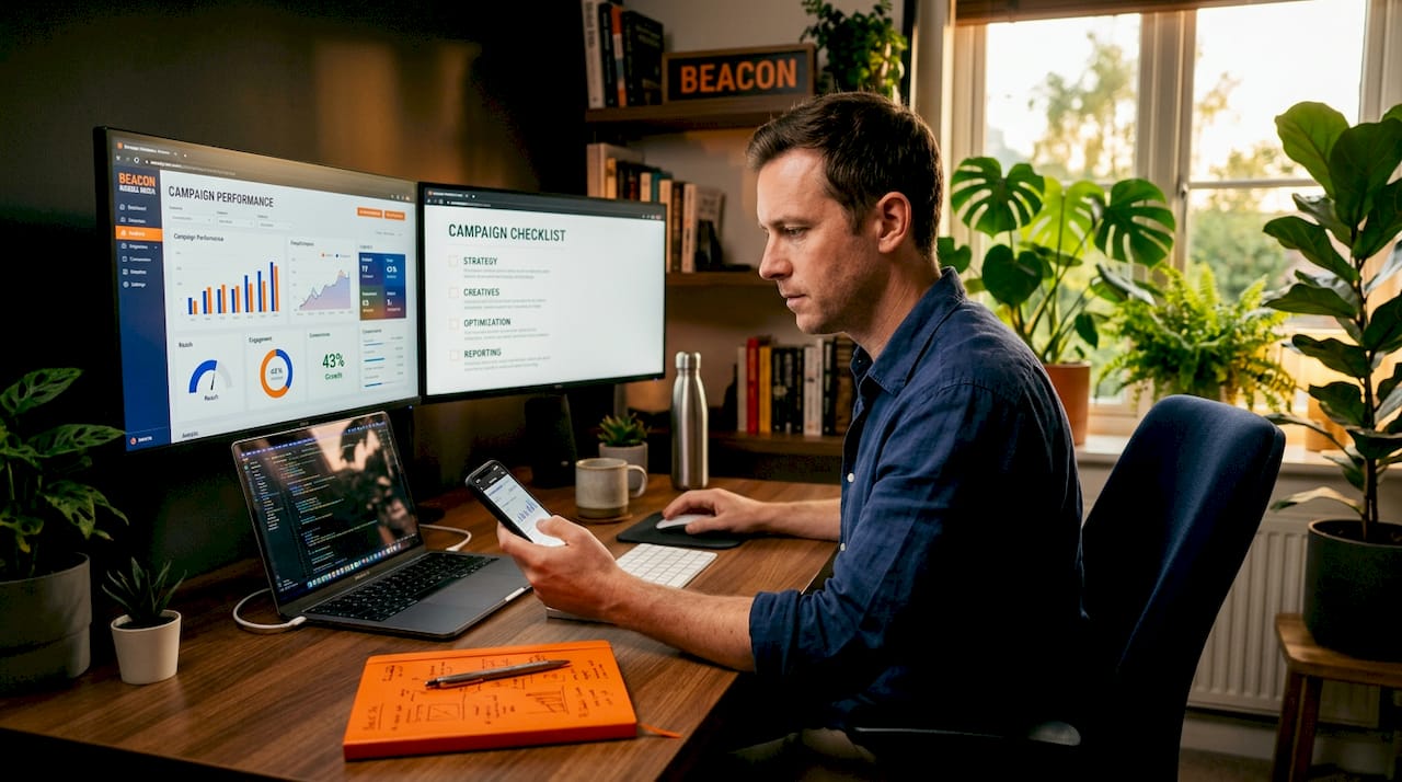 Marketer reviewing digital ad campaign checklist