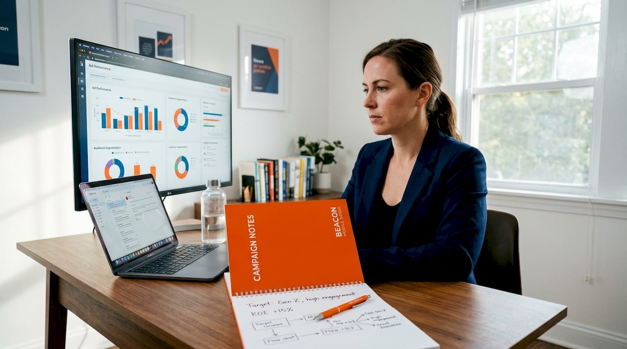 Marketer analyzing ad targeting data at desk