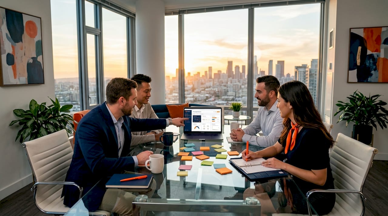 Marketing team discussing cross-channel advertising strategy