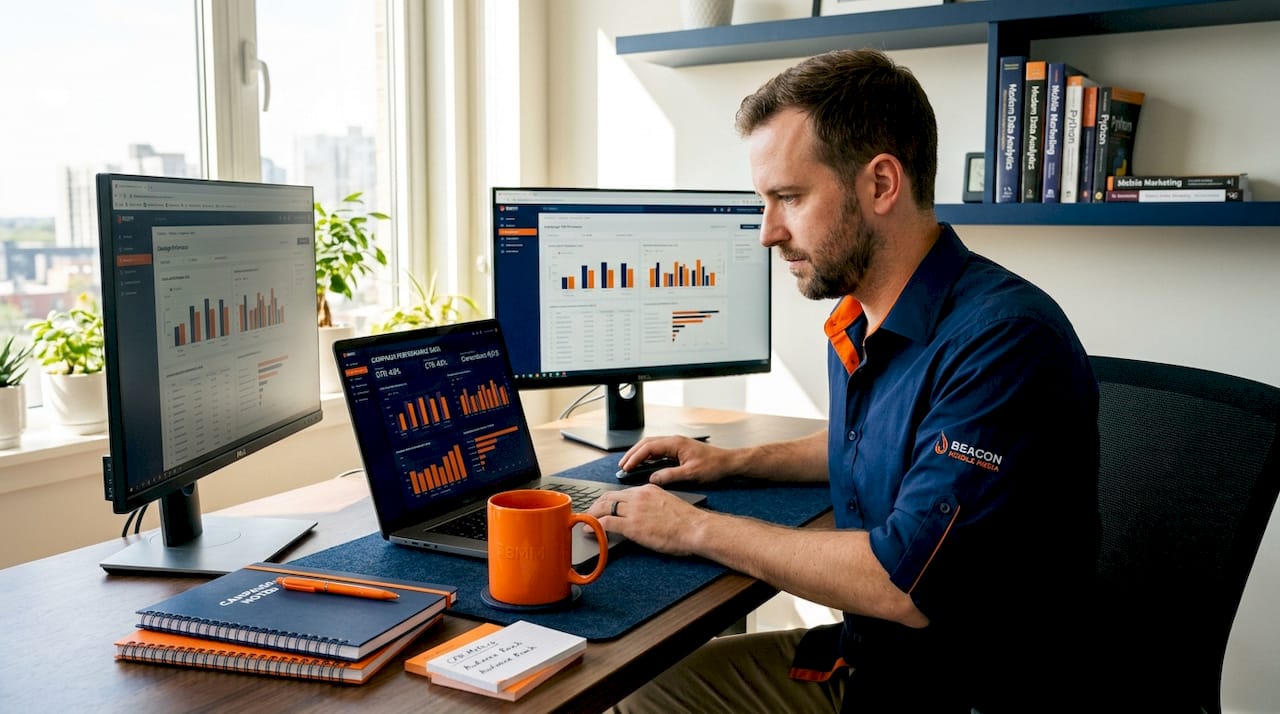 Data analyst reviewing advertising data on screens