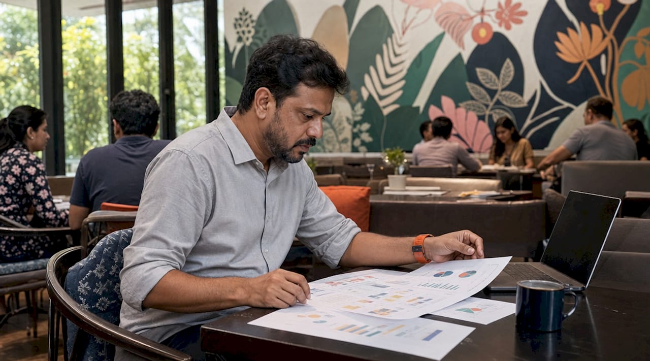 Man reviewing printed demographic charts at office desk
