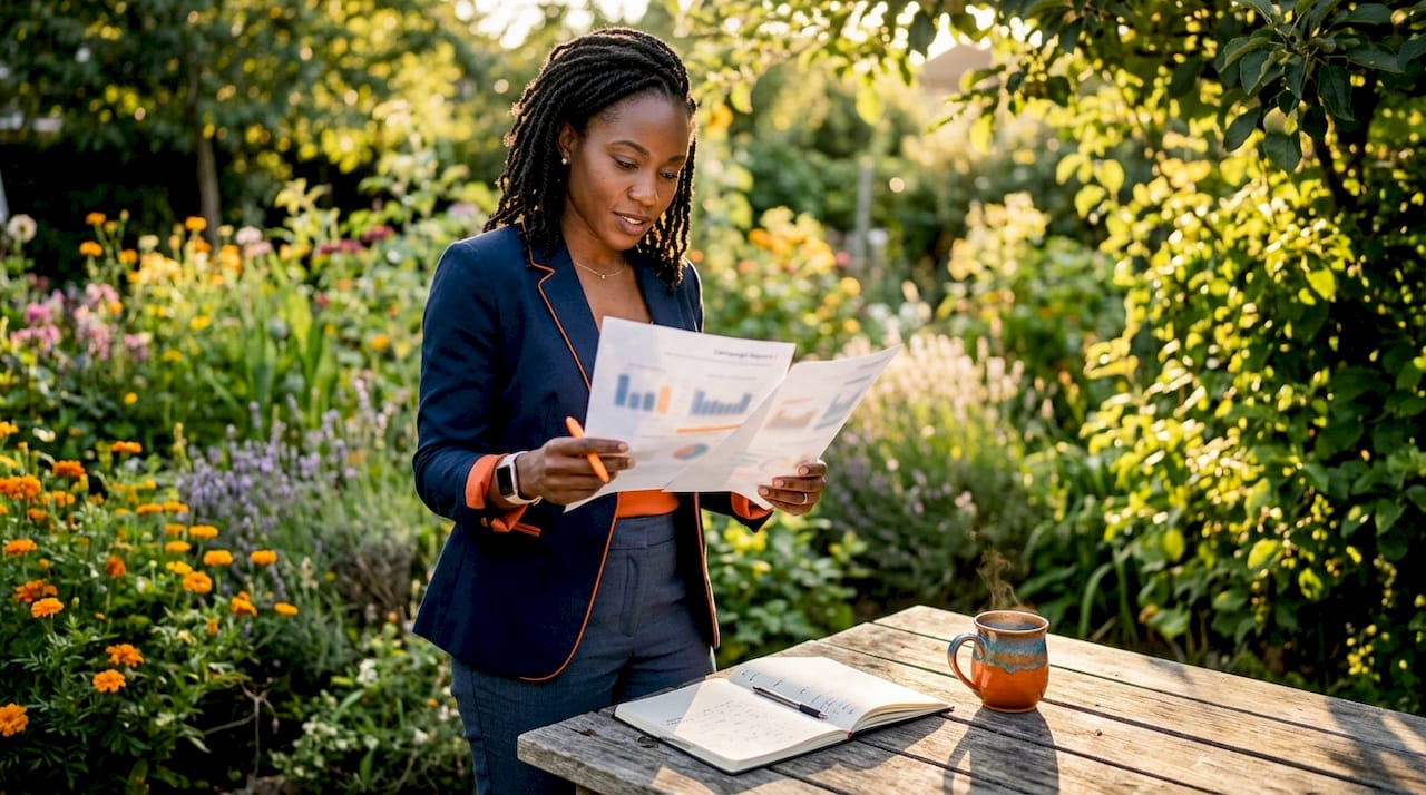 Marketer reviewing printed ad campaign data