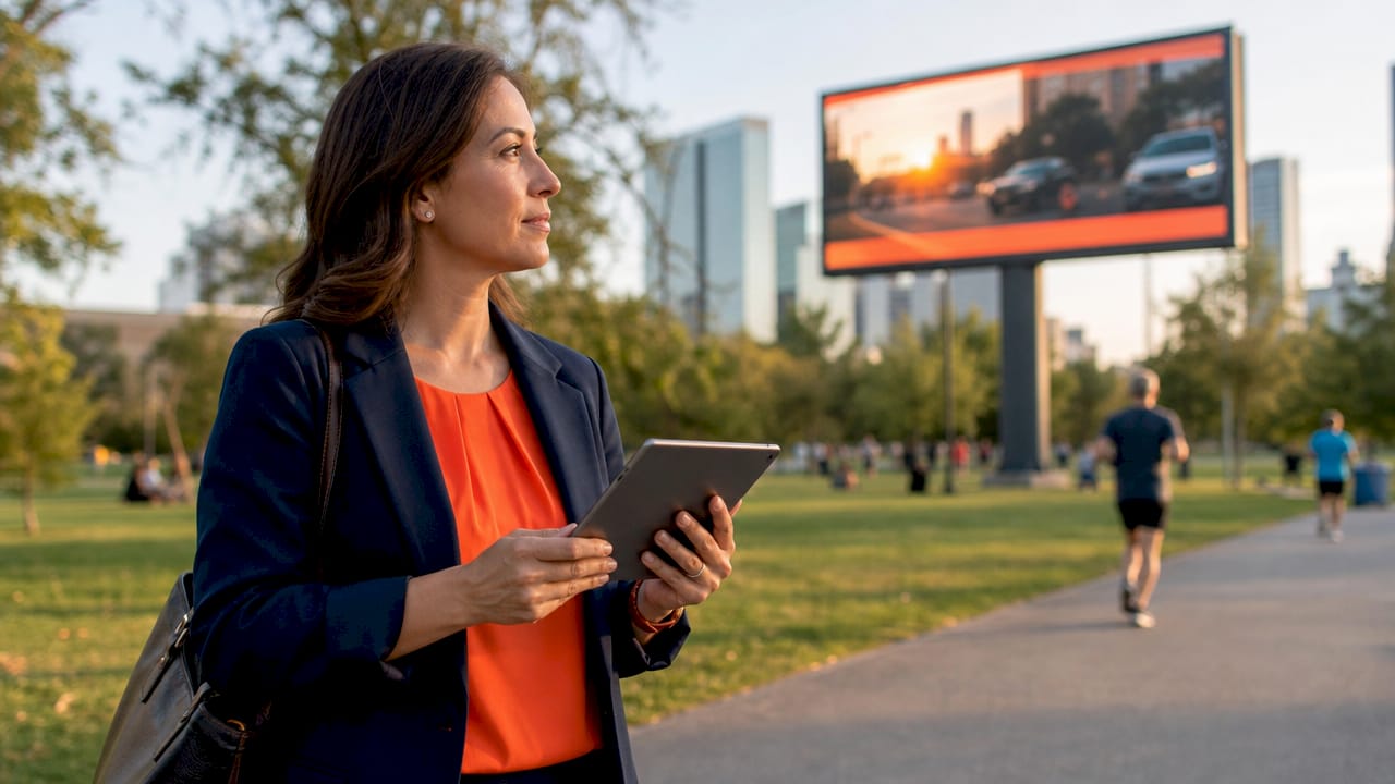 Marketing professional examining billboard outdoors
