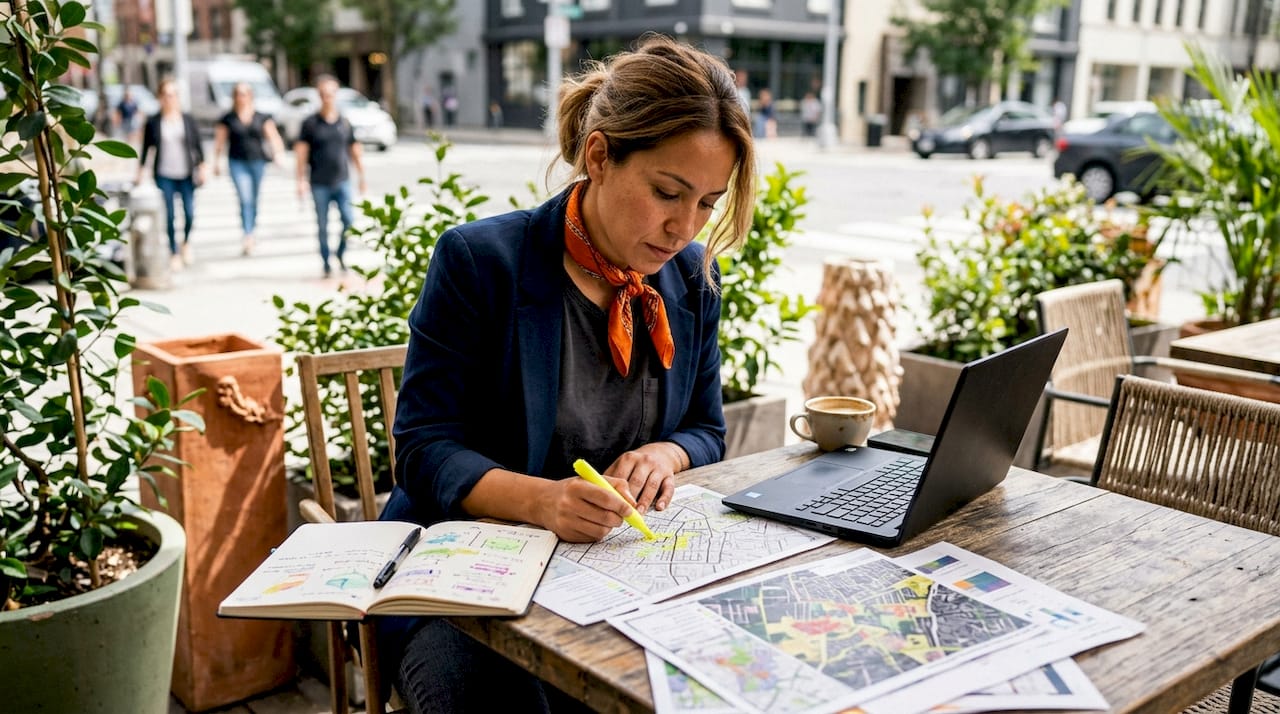 Strategist analyzing outdoor ad targeting maps