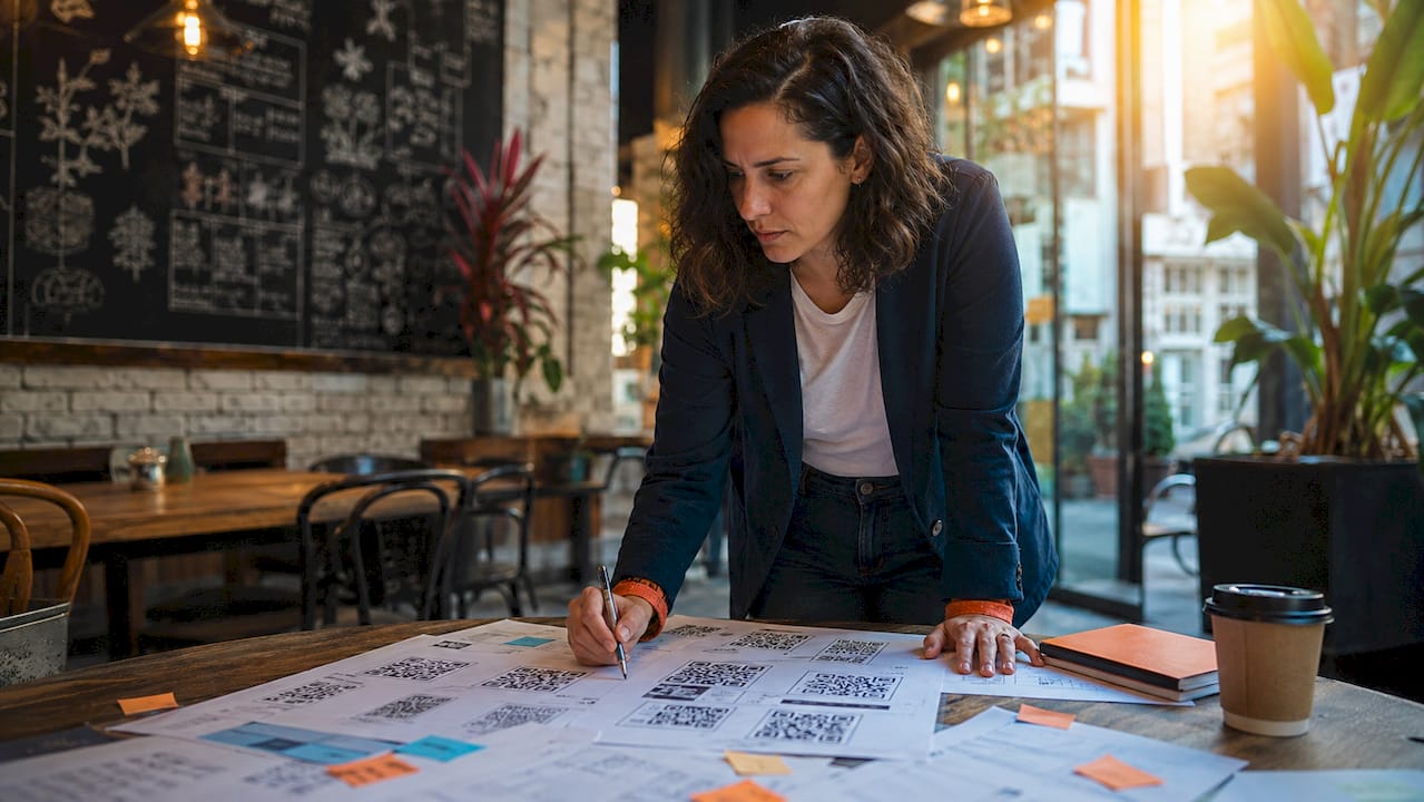 Marketer reviewing QR code campaign plans at desk