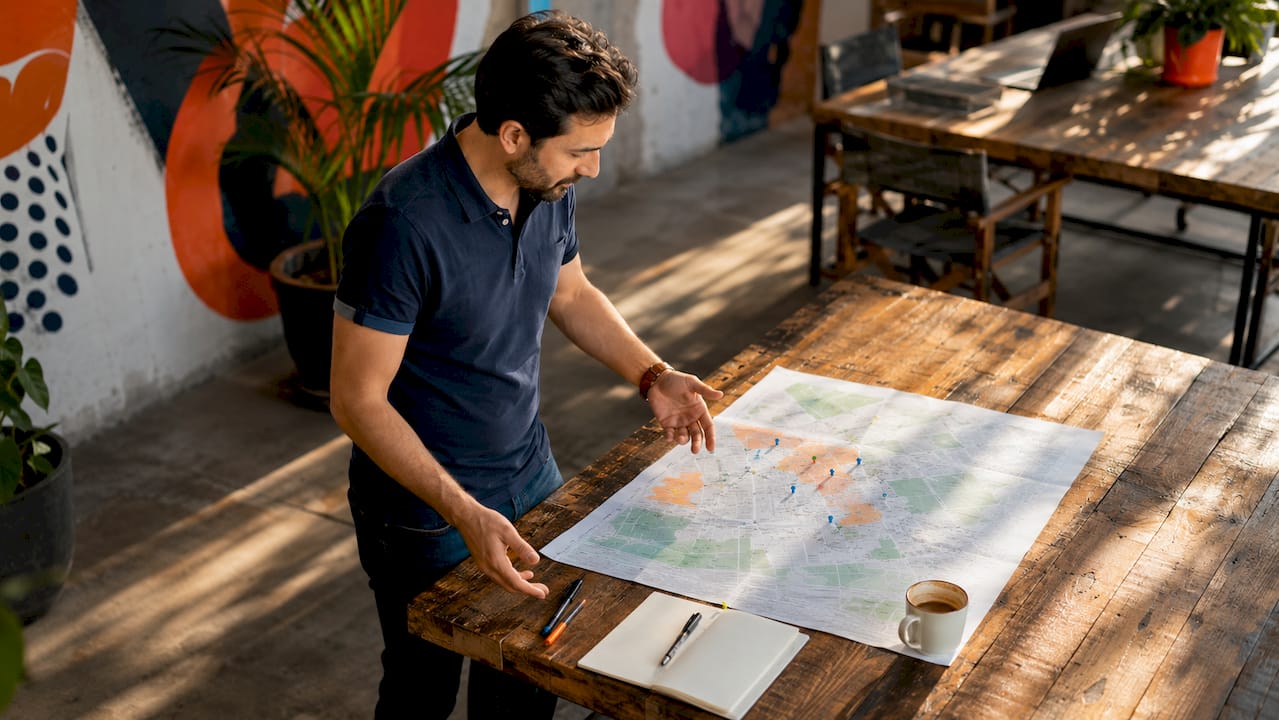 Marketing analyst reviewing OOH data in office