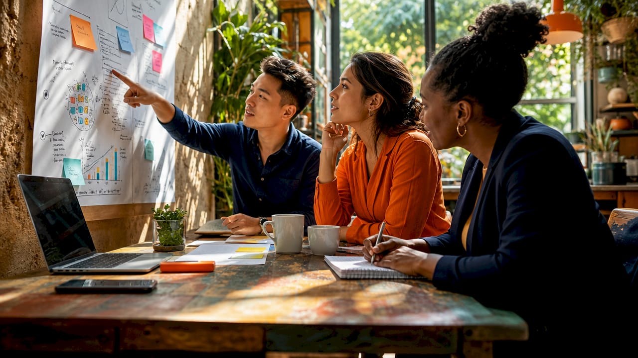 Marketing team targeting audience data at conference table