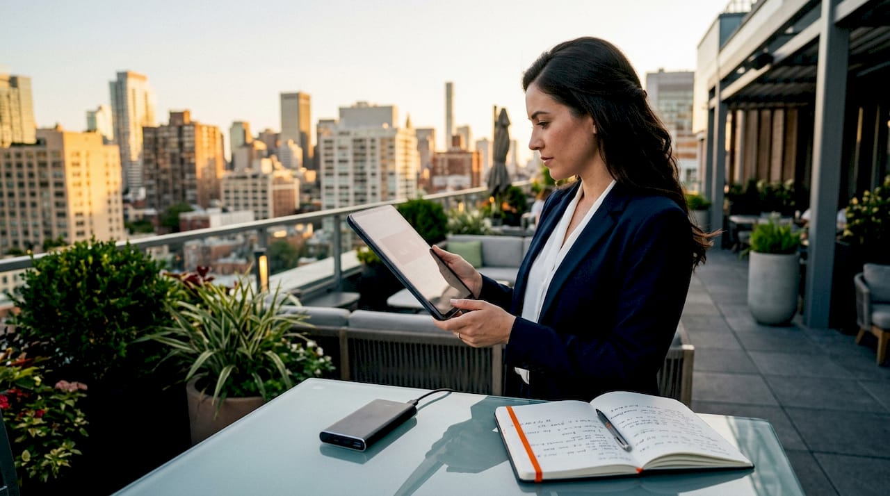 Marketer reviewing digital billboard content on tablet