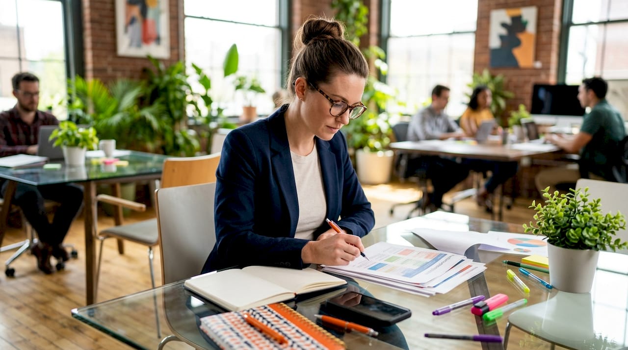 Marketing analyst reviewing audience data at desk