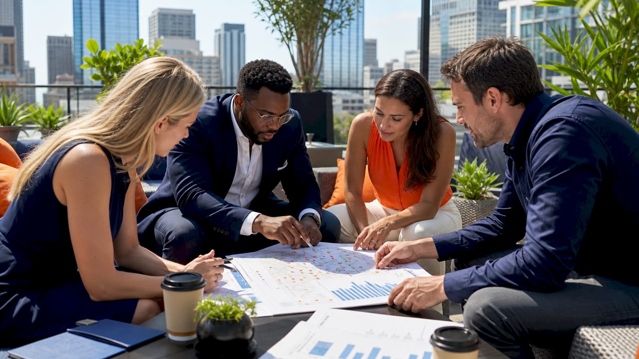 Team discussing OOH ad strategies around table