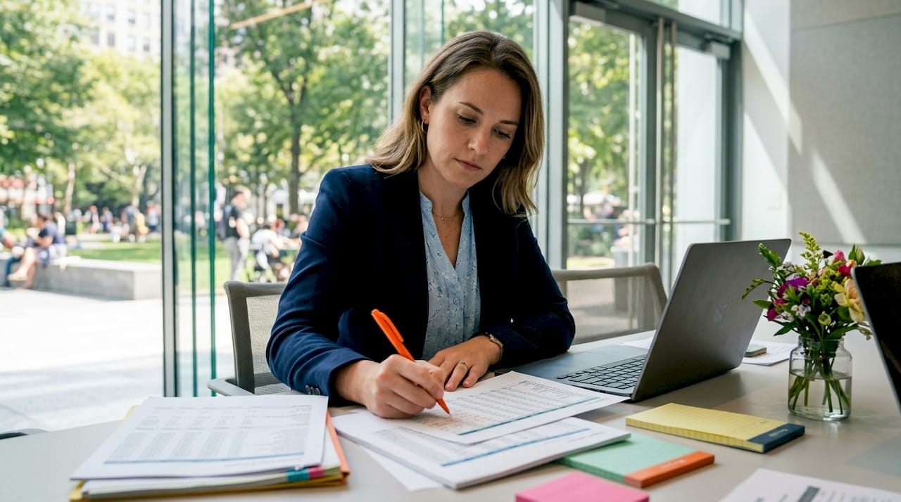 Woman reviewing event marketing ad budget documents
