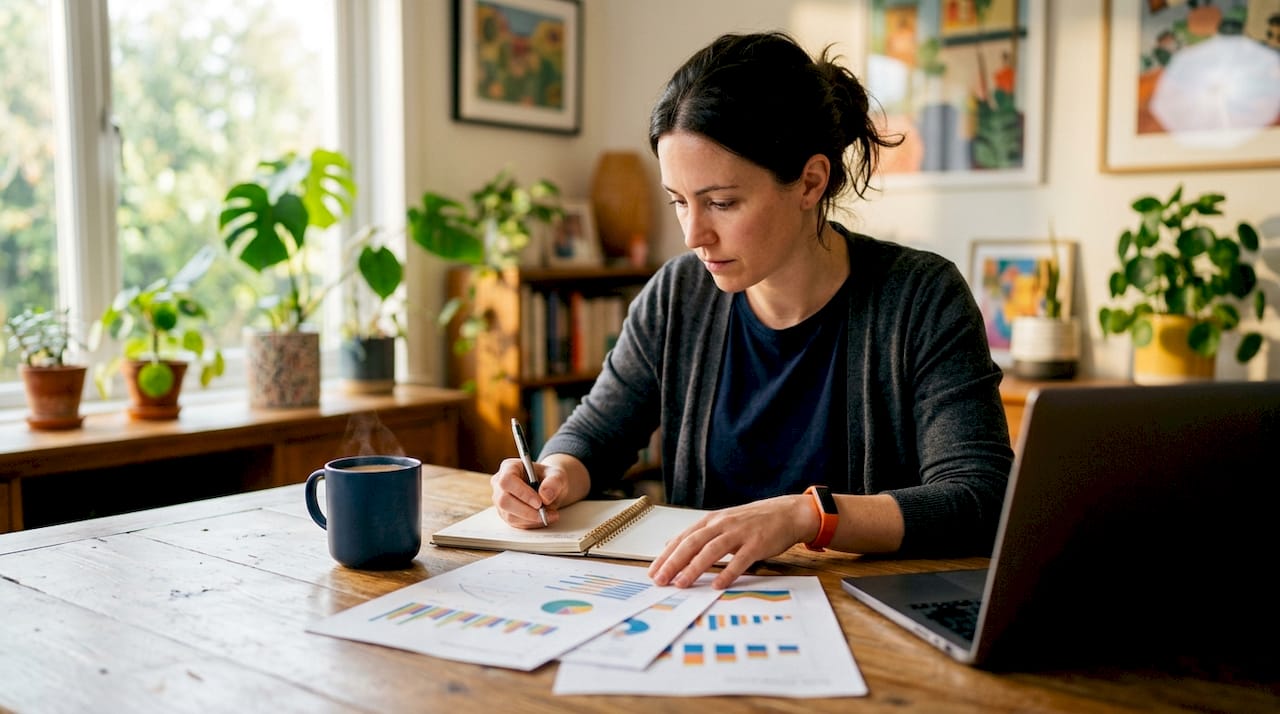 Marketing analyst reviewing printed reports at office table