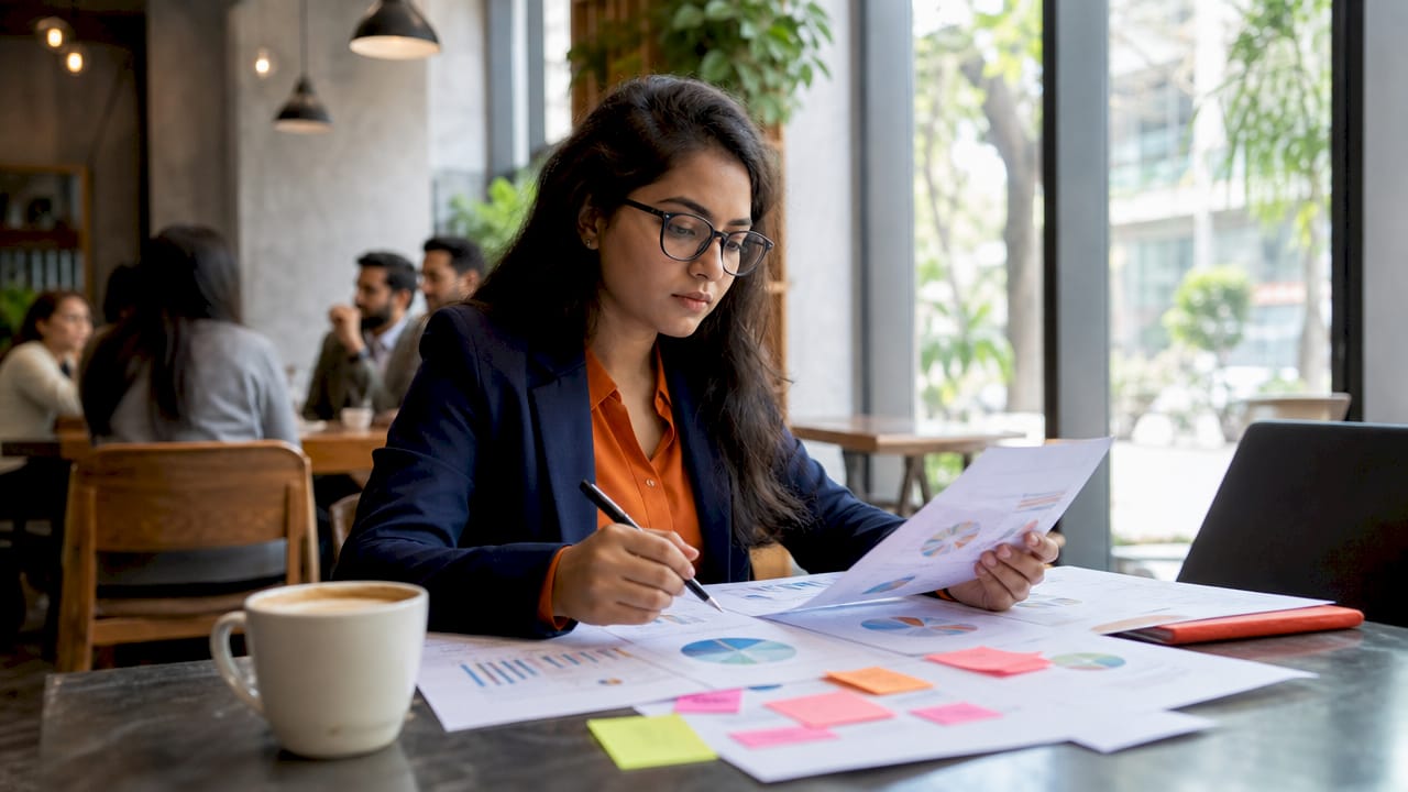 Marketer reviewing retargeting charts in home office