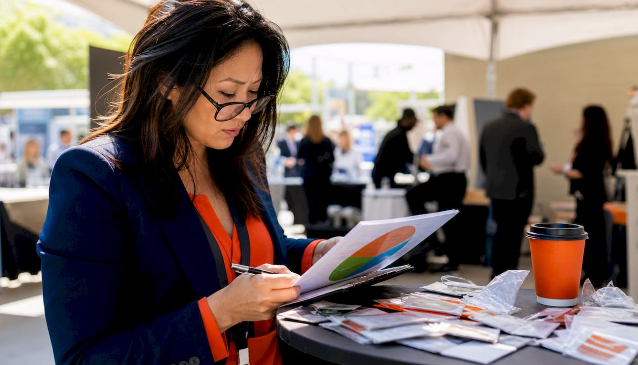 Event marketer planning retargeting strategy at trade show
