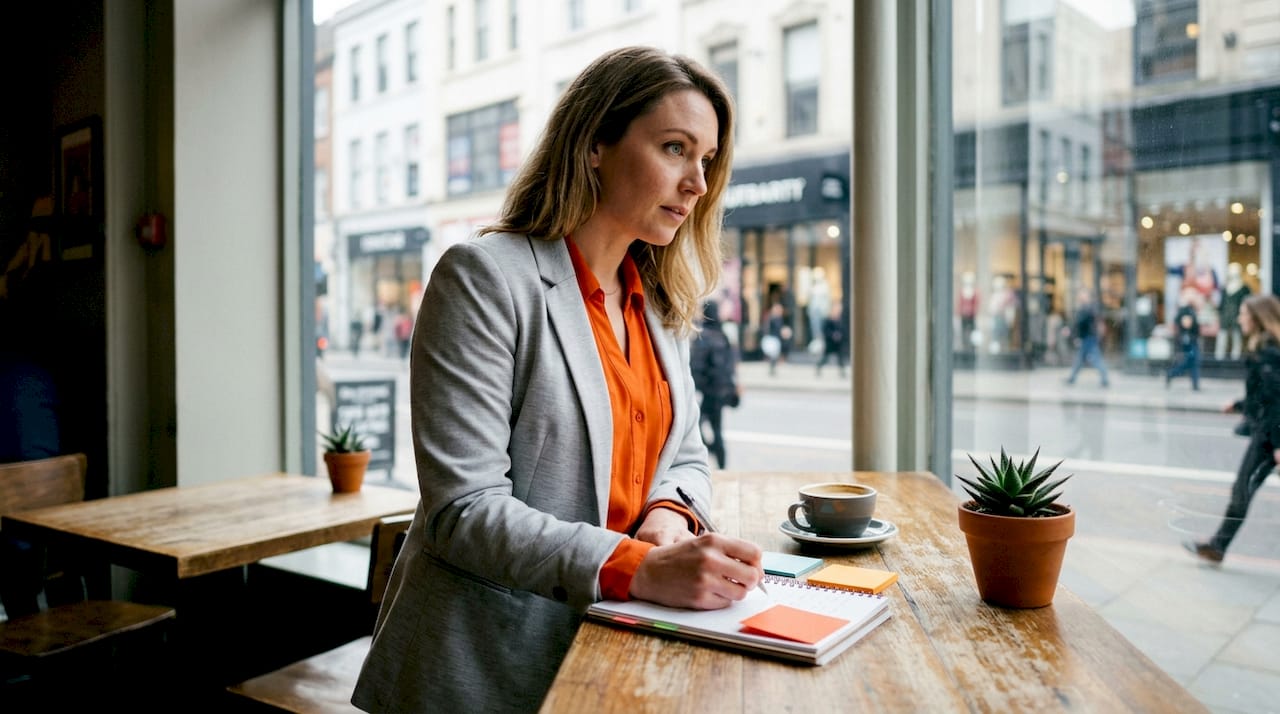 Marketing analyst reviewing outdoor ad campaign notes