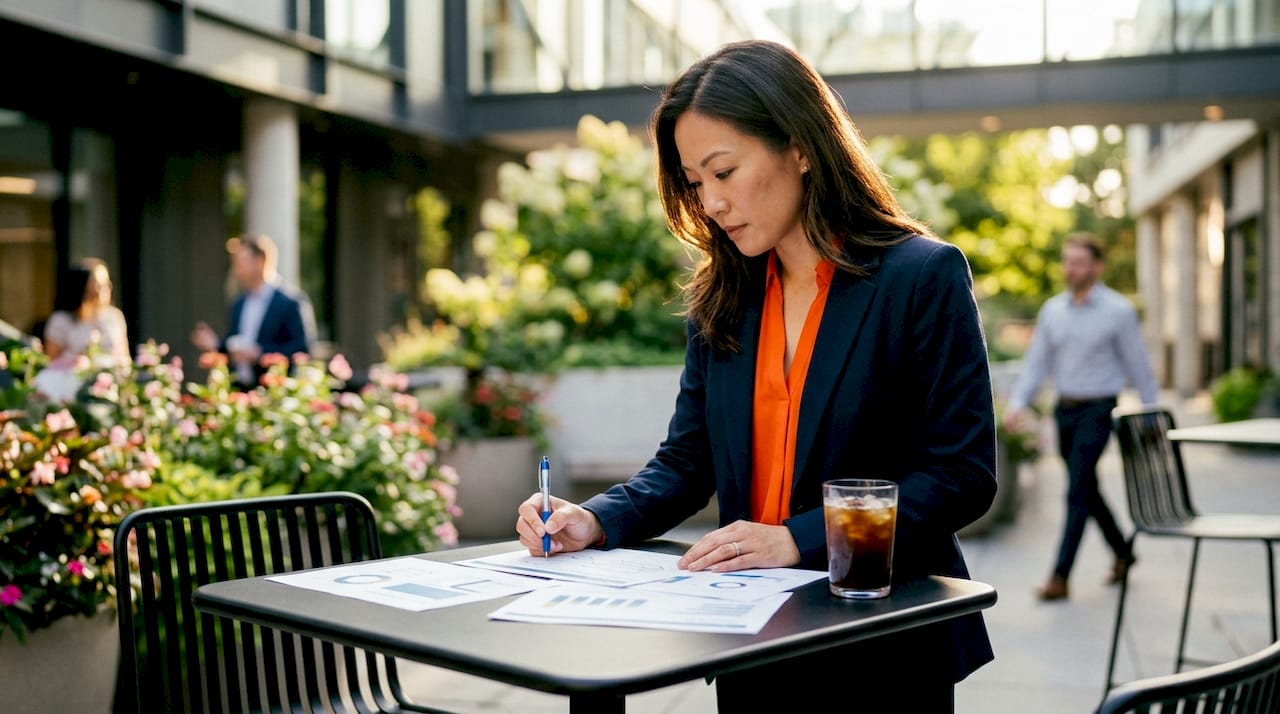Marketing analyst reviewing out-of-home retargeting reports