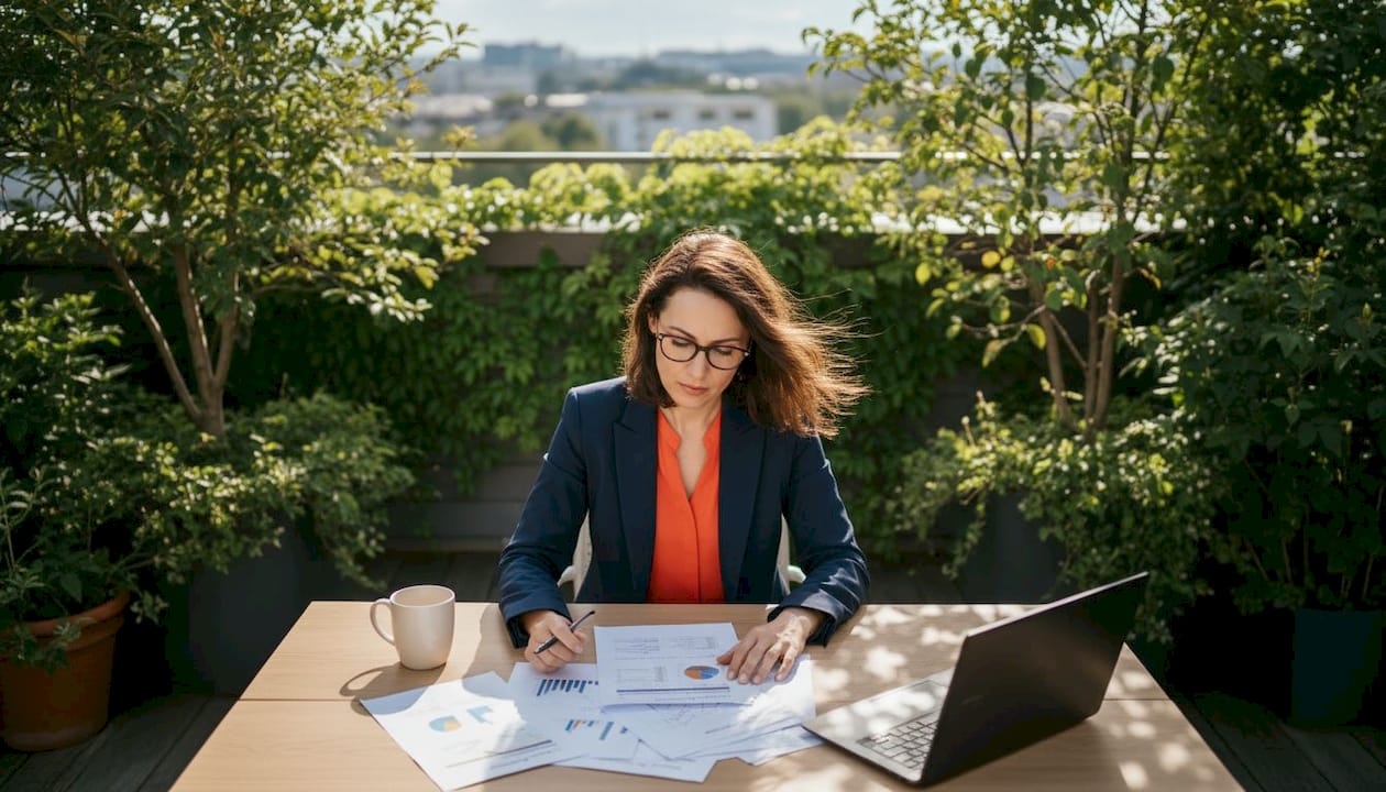 Marketing strategist reviewing campaign reports at desk