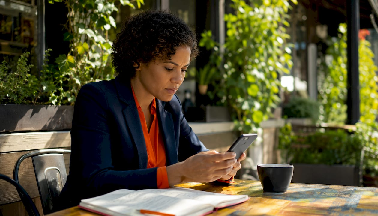 Businesswoman reviewing mobile advertising platforms on smartphone