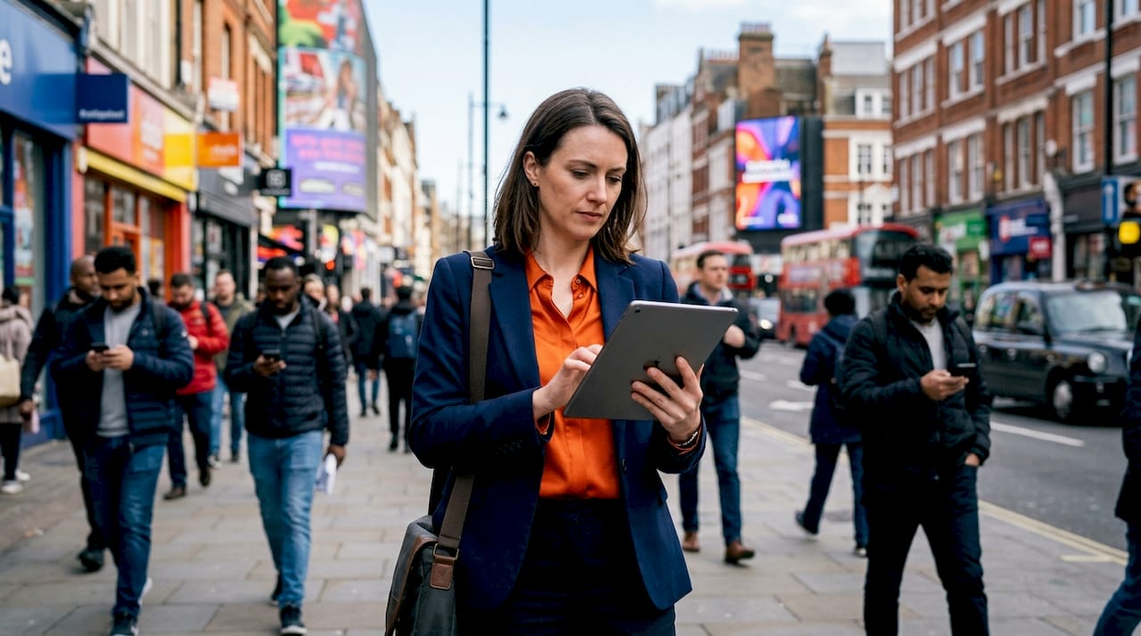 Marketer reviewing digital and OOH integration outdoors