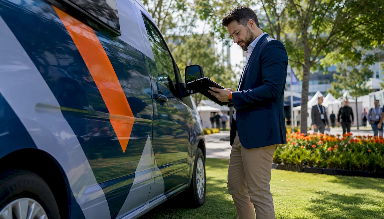 Marketing manager reviewing vehicle wrap at venue