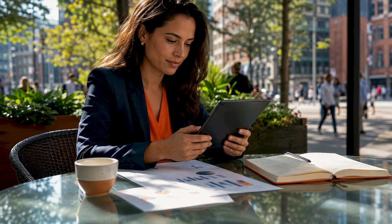 Marketing professional using tablet for mobile OOH strategy