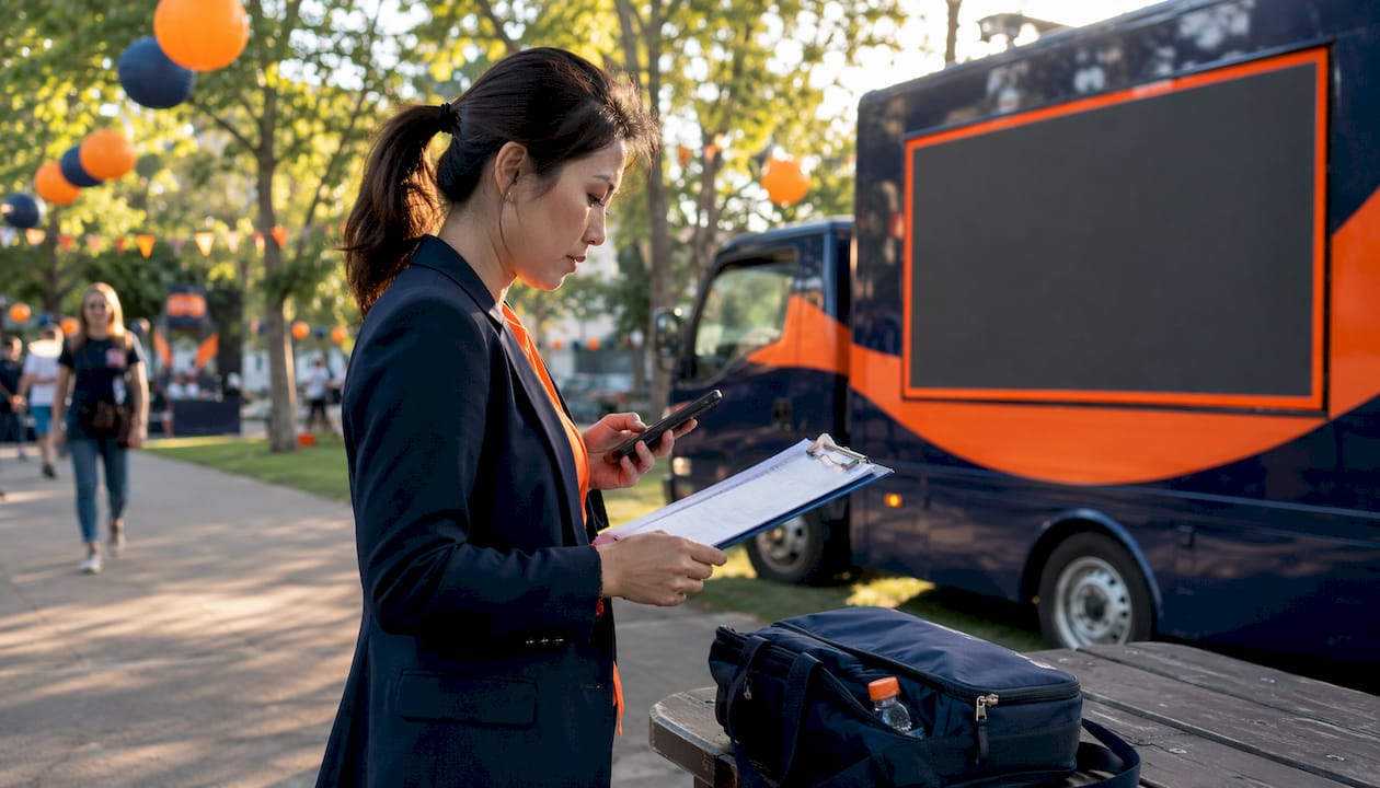 Event marketer managing mobile billboard campaign outdoors