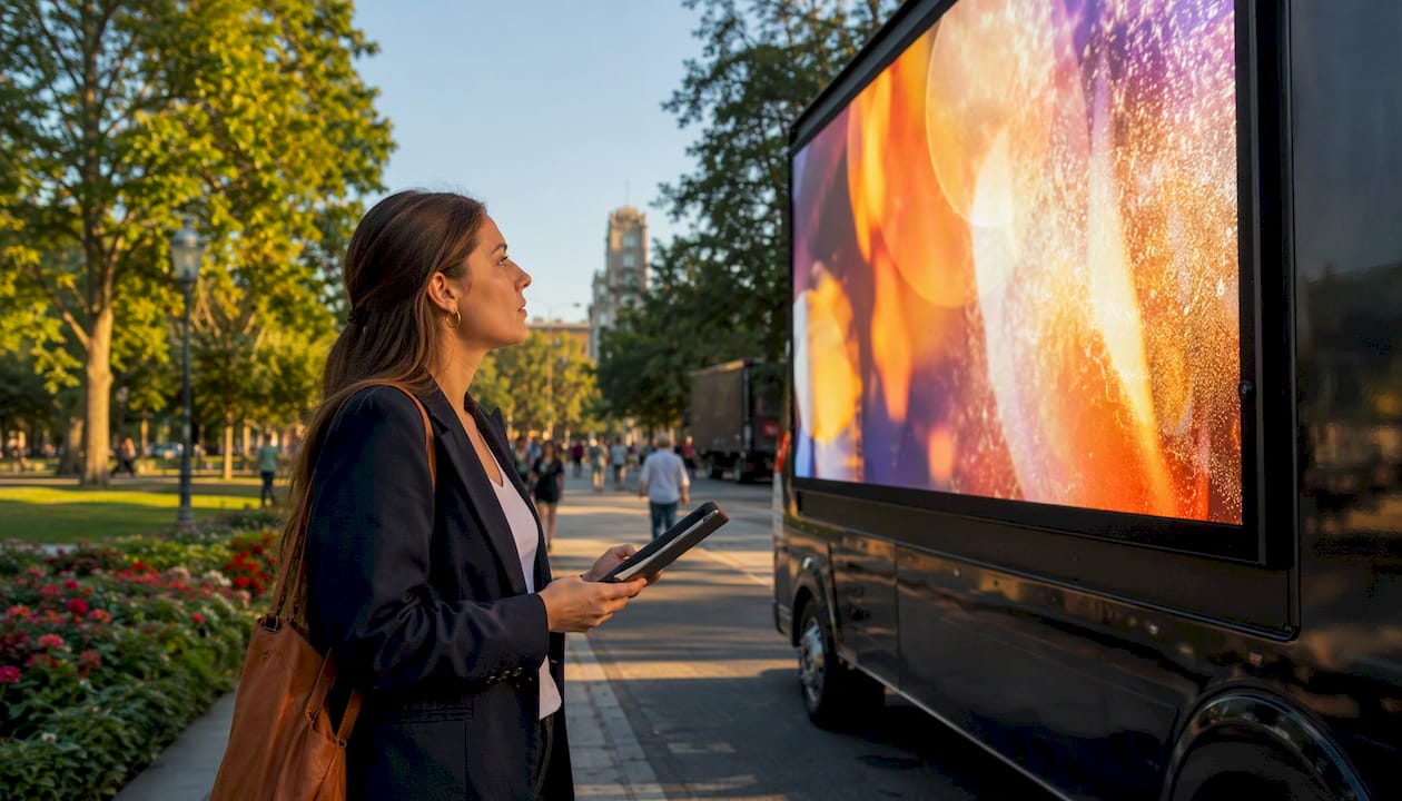 Marketer with LED ad truck outdoors city street