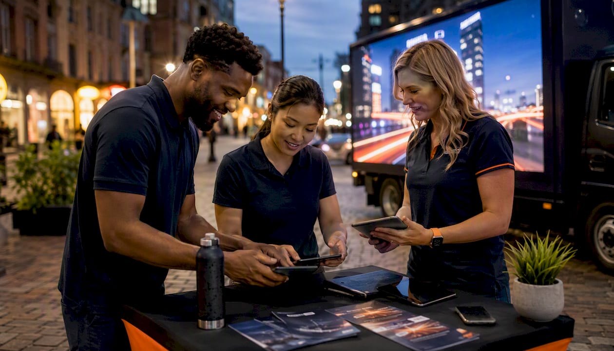 Marketing team setting up mobile advertising truck