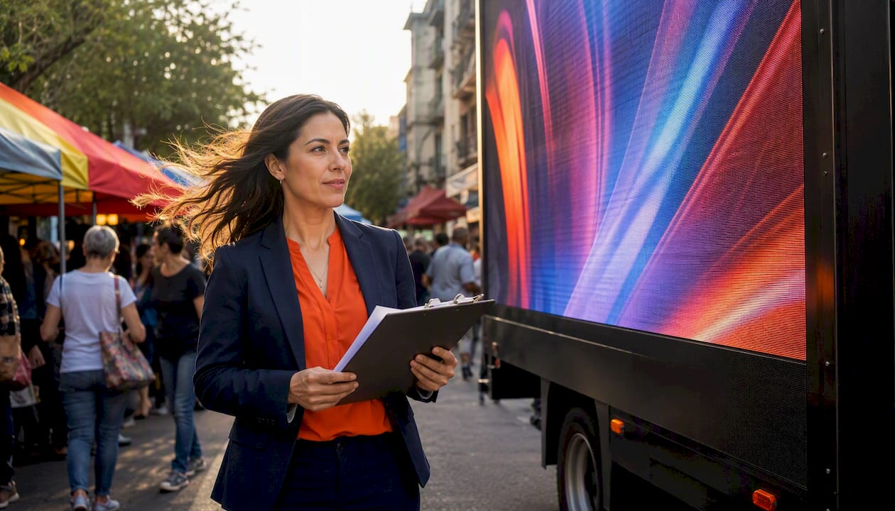 Marketing manager beside LED advertising truck outdoors