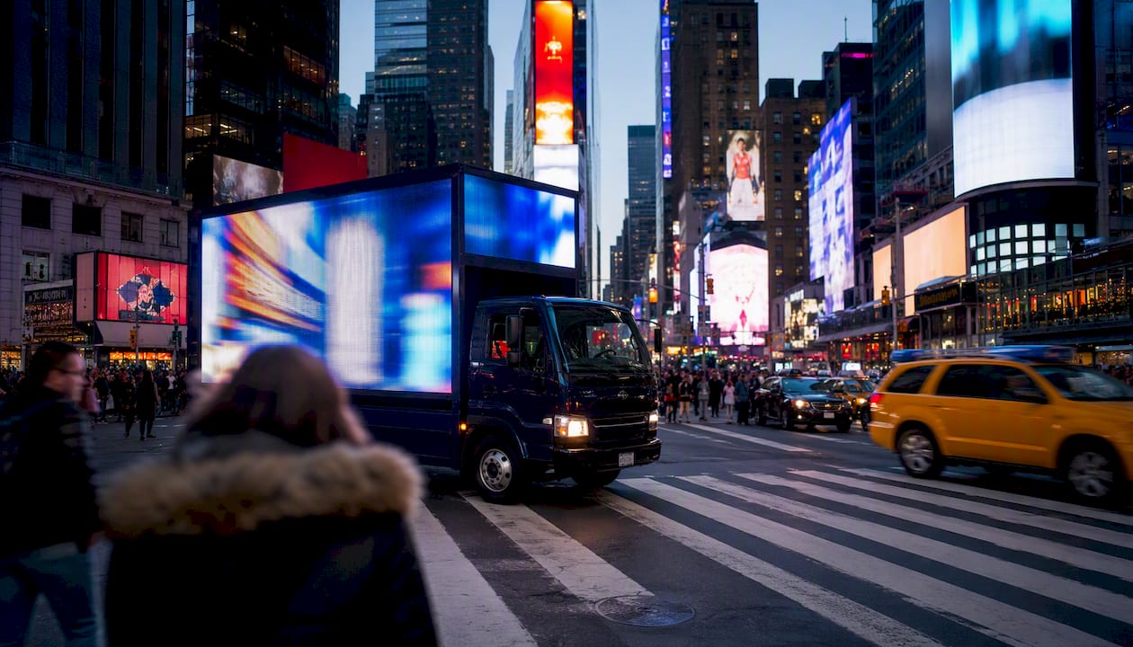 Mobile LED billboard truck at NYC street corner dusk