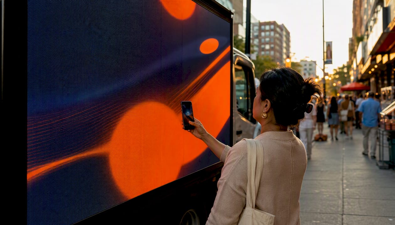 Hand scanning QR code on mobile billboard