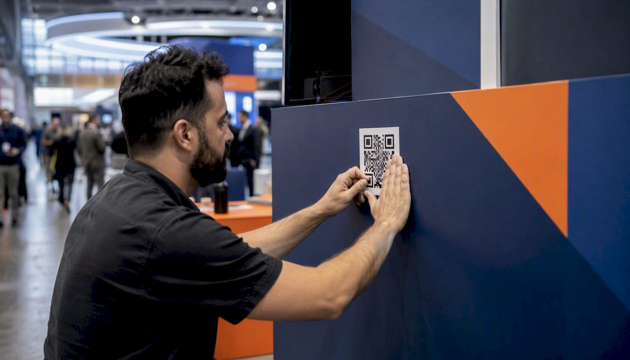 Hands applying smart QR code decal at event booth